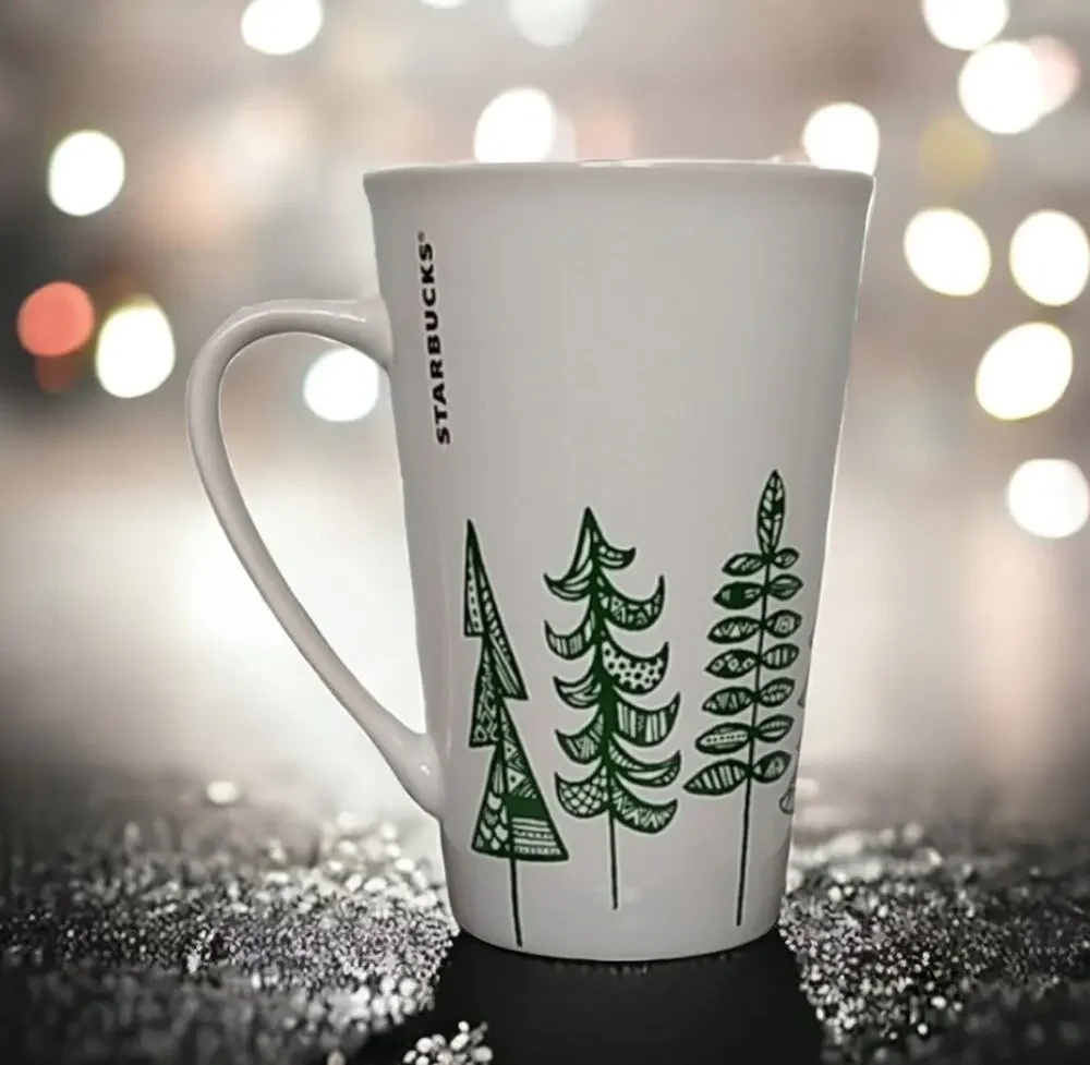 Starbucks 2015 Christmas Tree Green White Tall Handled Coffee Mug 14.67 fl. oz